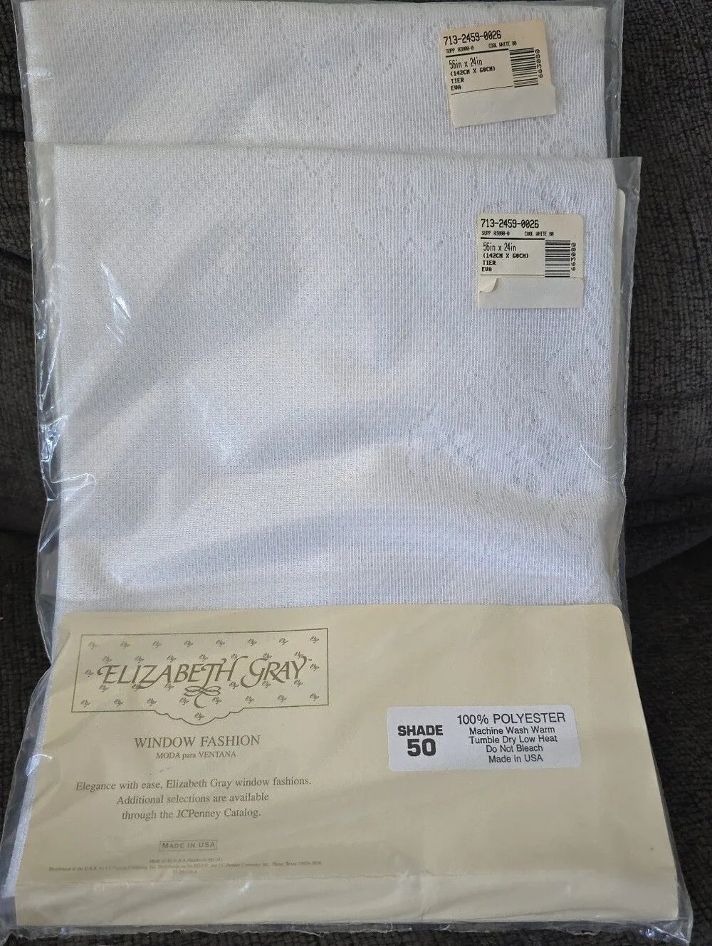 Lot of 2 NOS Vintage Elizabeth Gray Eva Tier Curtain White Lace 56x24”